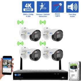 8 Channel WIFI NVR Security Camera System with 4 * 4K Wireless Bullet 3.6mm Fixed Lens Camera,  Active Deterrence, Red Blue Lights,  Two-Way Audio, Spotlight , Human/Vechile Detection, Face Recognition