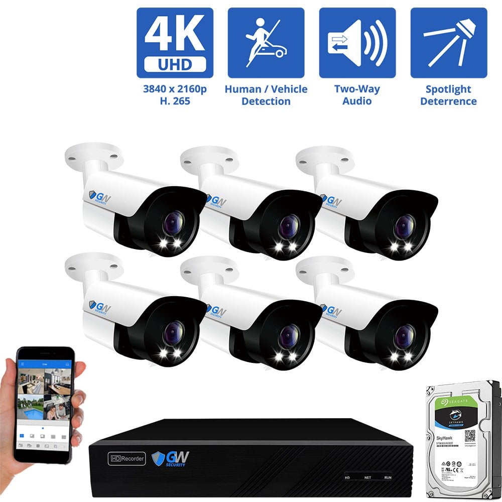 8 Channel NVR Security Camera System with 6 * 8MP IP Bullet 2.8mm Fixed Lens Camera, Human / Vehicle Detection, Built-In Microphone, PoE, White Light