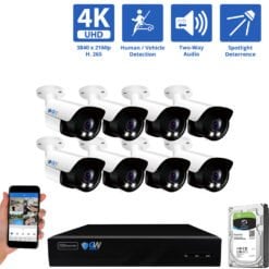 8 Channel NVR Security Camera System with 8 * 8MP IP Bullet 2.8mm Fixed Lens Camera, Human / Vehicle Detection, Built-In Microphone, PoE, White Light