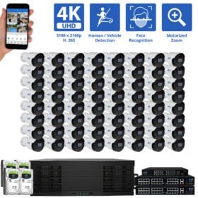 128 Channel NVR Security Camera System with 64 * 12MP IP Bullet 3.6mm Fixed Lens Camera, Face Recognition, Human / Vehicle Detection, Built-In Microphone, PoE