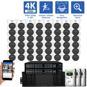128 Channel NVR Security Camera System with 48 * 12MP IP Turret 3.6mm Fixed Lens Camera, Face Recognition, Human / Vehicle Detection, Built-In Microphone, PoE
