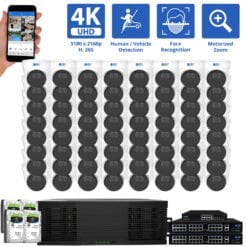 128 Channel NVR Security Camera System with 56 * 12MP IP Turret 3.6mm Fixed Lens Camera, Face Recognition, Human / Vehicle Detection, Built-In Microphone, PoE