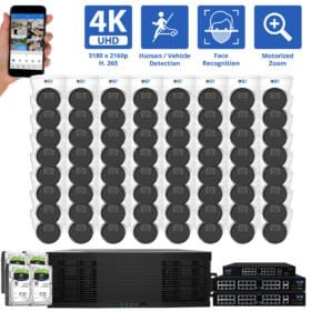 128 Channel NVR Security Camera System with 64 * 12MP IP Turret 3.6mm Fixed Lens Camera, Face Recognition, Human / Vehicle Detection, Built-In Microphone, PoE