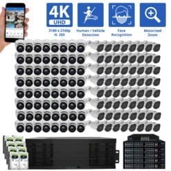128 Channel NVR Security Camera System with 64 * 8MP IP Bullet 2.8mm-12mm Motorized Lens Camera & 64 * 8MP IP Turret 3.6mm Fixed Lens Camera, Face Recognition, Human / Vehicle Detection, 4X Optical Zoom