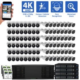 128 Channel NVR Security Camera System with 48 * 8MP IP Bullet 2.8mm-12mm Motorized Lens Camera & 48 * 8MP IP Turret 3.6mm Fixed Lens Camera, Face Recognition, Human / Vehicle Detection, 4X Optical Zoom