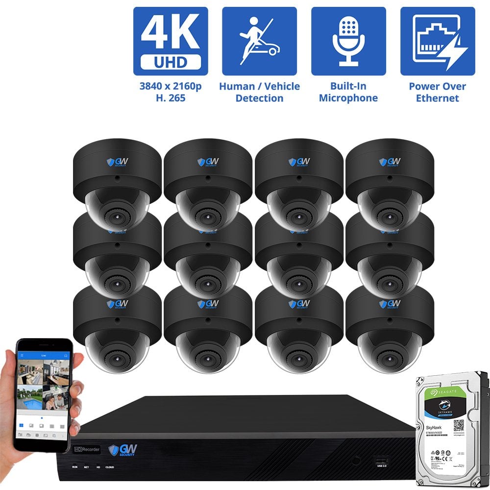 16 Channel NVR Security Camera System with 12 * 8MP IP Dome 2.8mm Fixed Lens Camera, Human / Vehicle Detection, Built-In Microphone, PoE