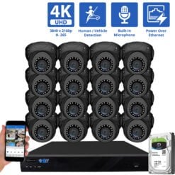 16 Channel NVR Security Camera System with 16 * 8MP IP Turret 2.8mm Fixed Lens Camera, Human / Vehicle Detection, Built-In Microphone, PoE
