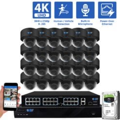 32 Channel NVR Security Camera System with 24 * 8MP IP Dome 2.8mm Fixed Lens Camera, Human / Vehicle Detection, Built-In Microphone, PoE