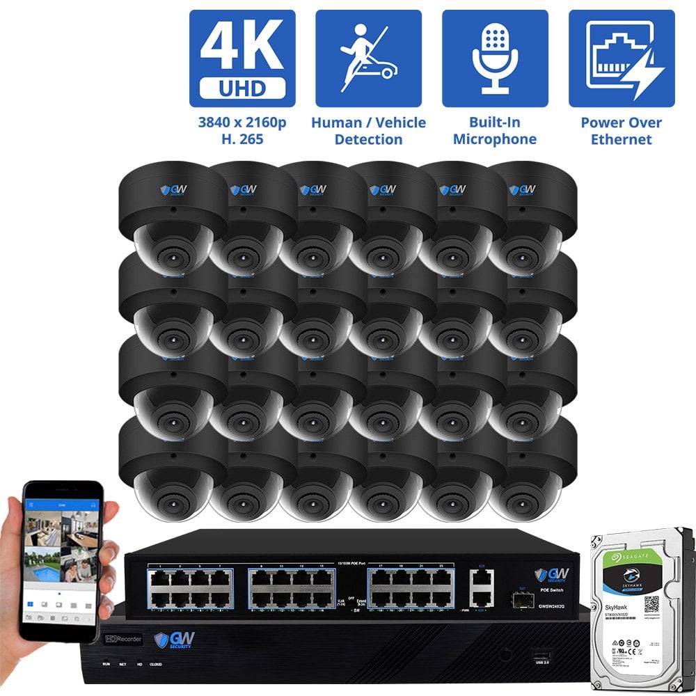 32 Channel NVR Security Camera System with 24 * 8MP IP Dome 2.8mm Fixed Lens Camera, Human / Vehicle Detection, Built-In Microphone, PoE