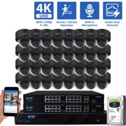 32 Channel NVR Security Camera System with 32 * 8MP IP Dome 2.8mm Fixed Lens Camera, Human / Vehicle Detection, Built-In Microphone, PoE
