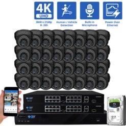 32 Channel NVR Security Camera System with 32 * 8MP IP Turret 2.8mm Fixed Lens Camera, Human / Vehicle Detection, Built-In Microphone, PoE