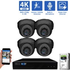 8 Channel NVR Security Camera System with 4 * 8MP IP Turret 2.8mm Fixed Lens Camera, Human / Vehicle Detection, Built-In Microphone, PoE