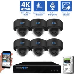 8 Channel NVR Security Camera System with 6 * 8MP IP Dome 2.8mm Fixed Lens Camera, Human / Vehicle Detection, Built-In Microphone, PoE