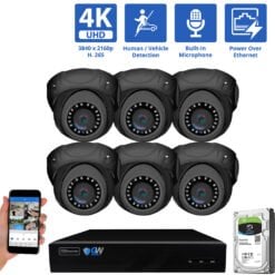 8 Channel NVR Security Camera System with 6 * 8MP IP Turret 2.8mm Fixed Lens Camera, Human / Vehicle Detection, Built-In Microphone, PoE