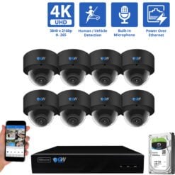8 Channel NVR Security Camera System with 8 * 8MP IP Dome 2.8mm Fixed Lens Camera, Human / Vehicle Detection, Built-In Microphone, PoE