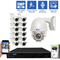 16 Channel NVR Security Camera System with 12 * 5MP IP Bullet 2.8mm Fixed Lens Camera, 1 * 5MP Mini IP PTZ 2.7-13.5mm Motorized Lens Camera, Human / Vehicle Detection, Built-In Microphone, PoE