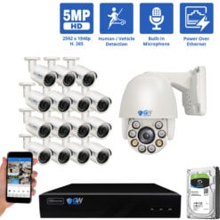 16 Channel NVR Security Camera System with 15 * 5MP IP Bullet 2.8mm Fixed Lens Camera, 1 * 5MP Mini IP PTZ 2.7-13.5mm Motorized Lens Camera, Human / Vehicle Detection, Built-In Microphone, PoE