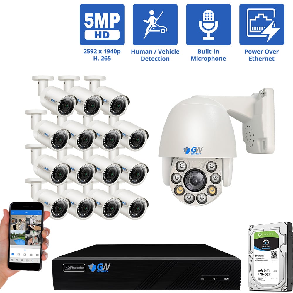 16 Channel NVR Security Camera System with 15 * 5MP IP Bullet 2.8mm Fixed Lens Camera, 1 * 5MP Mini IP PTZ 2.7-13.5mm Motorized Lens Camera, Human / Vehicle Detection, Built-In Microphone, PoE
