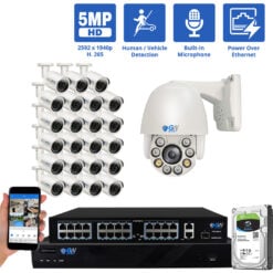 32 Channel NVR Security Camera System with 23 * 5MP IP Bullet 2.8mm Fixed Lens Camera, 1 * 5MP Mini IP PTZ 2.7-13.5mm Motorized Lens Camera, Human / Vehicle Detection, Built-In Microphone, PoE