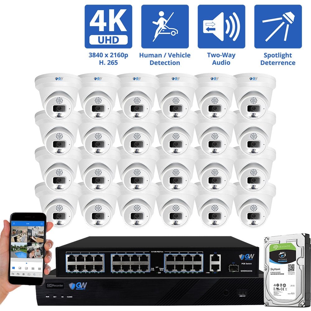 32 Channel NVR Security Camera System with 24 * 8MP IP Turret 2.8mm Fixed Lens Camera, Two-Way Audio, Full-time Color Night Vision, Spotlight, PoE