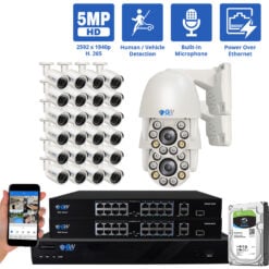 32 Channel NVR Security Camera System with 24 * 5MP IP Bullet 2.8mm Fixed Lens Camera, 2 * 5MP Mini IP PTZ 2.7-13.5mm Motorized Lens Camera, Human / Vehicle Detection, Built-In Microphone, PoE