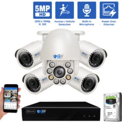 8 Channel NVR Security Camera System with 4 * 5MP IP Bullet 2.8mm Fixed Lens Camera, 1 * 5MP Mini IP PTZ 2.7-13.5mm Motorized Lens Camera, Human / Vehicle Detection, Built-In Microphone, PoE