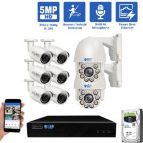 8 Channel NVR Security Camera System with 6 * 5MP IP Bullet 2.8mm Fixed Lens Camera, 2 * 5MP Mini IP PTZ 2.7-13.5mm Motorized Lens Camera, Human / Vehicle Detection, Built-In Microphone, PoE
