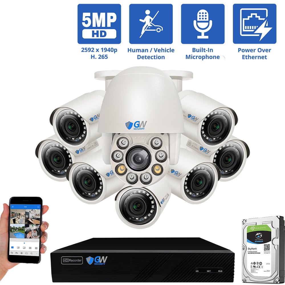8 Channel NVR Security Camera System with 7 * 5MP IP Bullet 2.8mm Fixed Lens Camera, 1 * 5MP Mini IP PTZ 2.7-13.5mm Motorized Lens Camera, Human / Vehicle Detection, Built-In Microphone, PoE