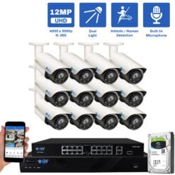 32 Channel NVR Security Camera System with 12 * 12MP IP POE 4mm Fixed Lens Bullet Security Camera, Two-Way Audio, Full-Time Color Night Vision, Dual-Light