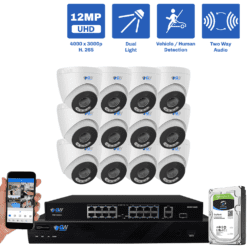 32 Channel NVR Security Camera System with 12 * 12MP 4mm Fixed Lens IP Turret Security Camera, Two-Way Audio, Full-Time Color Night Vision, Dual-Light