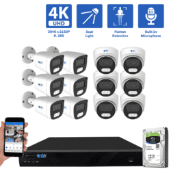 16-Channel NVR Security Camera System with 6 * 8MP IP POE 2.8mm Fixed Lens Bullet Security Cameras and 6 * 8MP IP POE 2.8mm Fixed Lens Turret Security Cameras, Built-in Microphone, Human Detection, Dual-Light