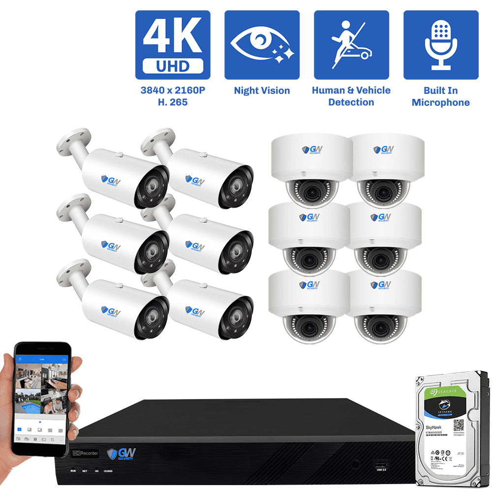 16-Channel NVR Security Camera System with 6 * 8MP IP POE 5X Optical 2.7-13.5mm Varifocal Lens Bullet Security Camera, and 6 * 8MP IP POE 5X Optical 2.7-13.5mm Varifocal Lens Bullet Security Camera Human / Vehicle Detection, Built-In Microphone