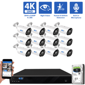 16-Channel NVR Security Camera System with 12 * 8MP IP POE 5X Optical 2.7-13.5mm Varifocal Lens Bullet Security Camera, Human / Vehicle Detection, Built-In Microphone, White Light