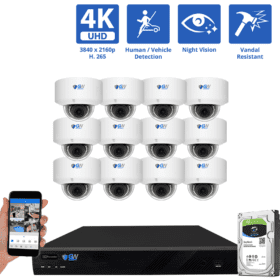 16-Channel NVR Security Camera System with 12 * 8MP IP POE 5X Optical 2.7-13.5mm Varifocal Lens Dome Security Camera, Human / Vehicle Detection, Built-In Microphone