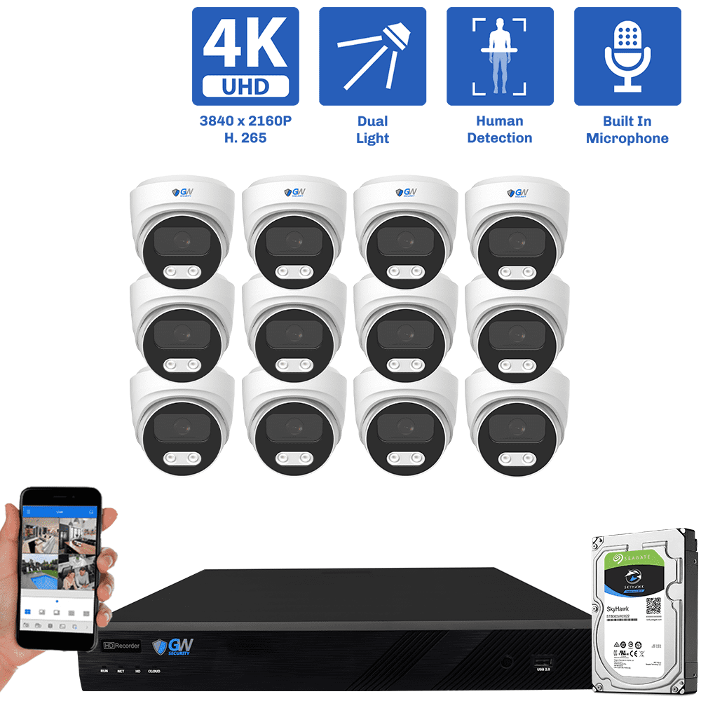 16-Channel NVR Security Camera System with 12 * 8MP IP POE 2.8mm Fixed Lens Turret Security Cameras, Built-in Microphone, Human Detection, Dual-Light