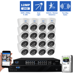 32 Channel NVR Security Camera System with 16 * 12MP 4mm Fixed Lens IP Turret Security Camera, Two-Way Audio, Full-Time Color Night Vision, Dual-Light