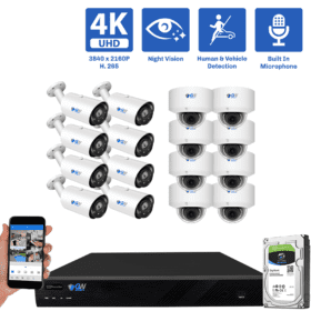16-Channel NVR Security Camera System with 8 * 8MP IP POE 5X Optical 2.7-13.5mm Motorized Lens Bullet Security Camera, and 8 * 8MP IP POE 5X Optical 2.7-13.5mm Motorized Lens Bullet Security Camera Human / Vehicle Detection, Built-In Microphone