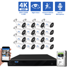 16-Channel NVR Security Camera System with 16 * 8MP IP POE 5X Optical 2.7-13.5mm Motorized Lens Bullet Security Camera, Human / Vehicle Detection, Built-In Microphone, White Light