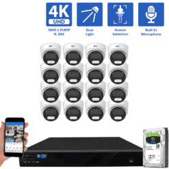 16-Channel NVR Security Camera System with 16 * 8MP IP POE 2.8mm Fixed Lens Turret Security Cameras, Built-in Microphone, Human Detection, Dual-Light