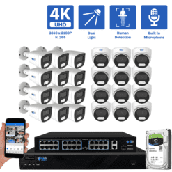 32-Channel NVR Security Camera System with 12 * 8MP IP POE 2.8mm Fixed Lens Bullet Security Cameras and 12 * 8MP IP POE 2.8mm Fixed Lens Turret Security Cameras, Built-in Microphone, Human Detection, Dual-Light