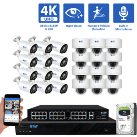 32-Channel NVR Security Camera System with 12 * 8MP IP POE 5X Optical 2.7-13.5mm Motorized Lens Bullet Security Camera, and 12 * 8MP IP POE 5X Optical 2.7-13.5mm Motorized Lens Bullet Security Camera Human / Vehicle Detection, Built-In Microphone