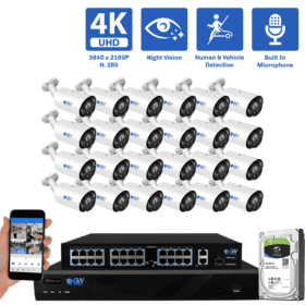 32-Channel NVR Security Camera System with 24 * 8MP IP POE 5X Optical 2.7-13.5mm Motorized Lens Bullet Security Camera, Human / Vehicle Detection, Built-In Microphone, White Light