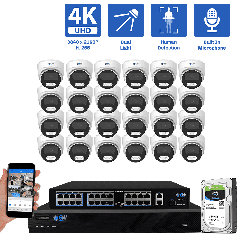 32-Channel NVR Security Camera System with 24 * 8MP IP POE 2.8mm Fixed Lens Turret Security Cameras, Built-in Microphone, Human Detection, Dual-Light