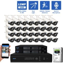 64 Channel NVR Security Camera System with 32 * 12MP IP POE 4mm Fixed Lens Bullet Security Camera, Two-Way Audio, Full-Time Color Night Vision, Dual-Light