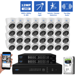 64 Channel NVR Security Camera System with 32 * 12MP 4mm Fixed Lens IP Turret Security Camera, Two-Way Audio, Full-Time Color Night Vision, Dual-Light