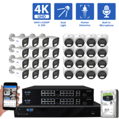 32-Channel NVR Security Camera System with 16 * 8MP IP POE 2.8mm Fixed Lens Bullet Security Cameras and 16 * 8MP IP POE 2.8mm Fixed Lens Turret Security Cameras, Built-in Microphone, Human Detection, Dual-Light