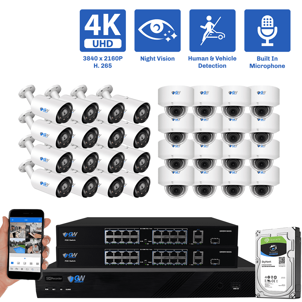 32-Channel NVR Security Camera System with 16 * 8MP IP POE 5X Optical 2.7-13.5mm Varifocal Lens Bullet Security Camera, and 16 * 8MP IP POE 5X Optical 2.7-13.5mm Varifocal Lens Bullet Security Camera Human / Vehicle Detection, Built-In Microphone