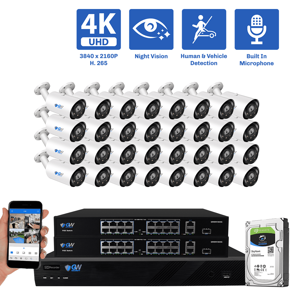 32-Channel NVR Security Camera System with 32 * 8MP IP POE 5X Optical 2.7-13.5mm Varifocal Lens Bullet Security Camera, Human / Vehicle Detection, Built-In Microphone, White Light