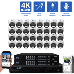 32-Channel NVR Security Camera System with 32 * 8MP IP POE 2.8mm Fixed Lens Turret Security Cameras, Built-in Microphone, Human Detection, Dual-Light