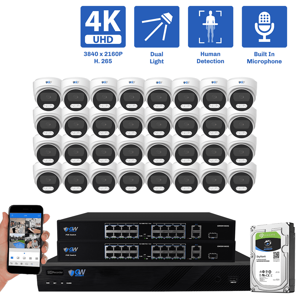 32-Channel NVR Security Camera System with 32 * 8MP IP POE 2.8mm Fixed Lens Turret Security Cameras, Built-in Microphone, Human Detection, Dual-Light